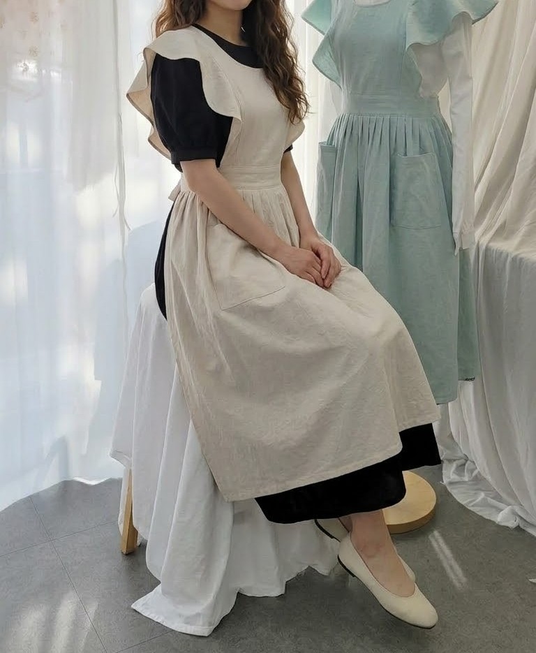 XS~4XL 오즈쏘잉 어깨플레어 앞치마 4컬러 화이트 베이지 올리브 블랙(바이오워싱 20수 면마)