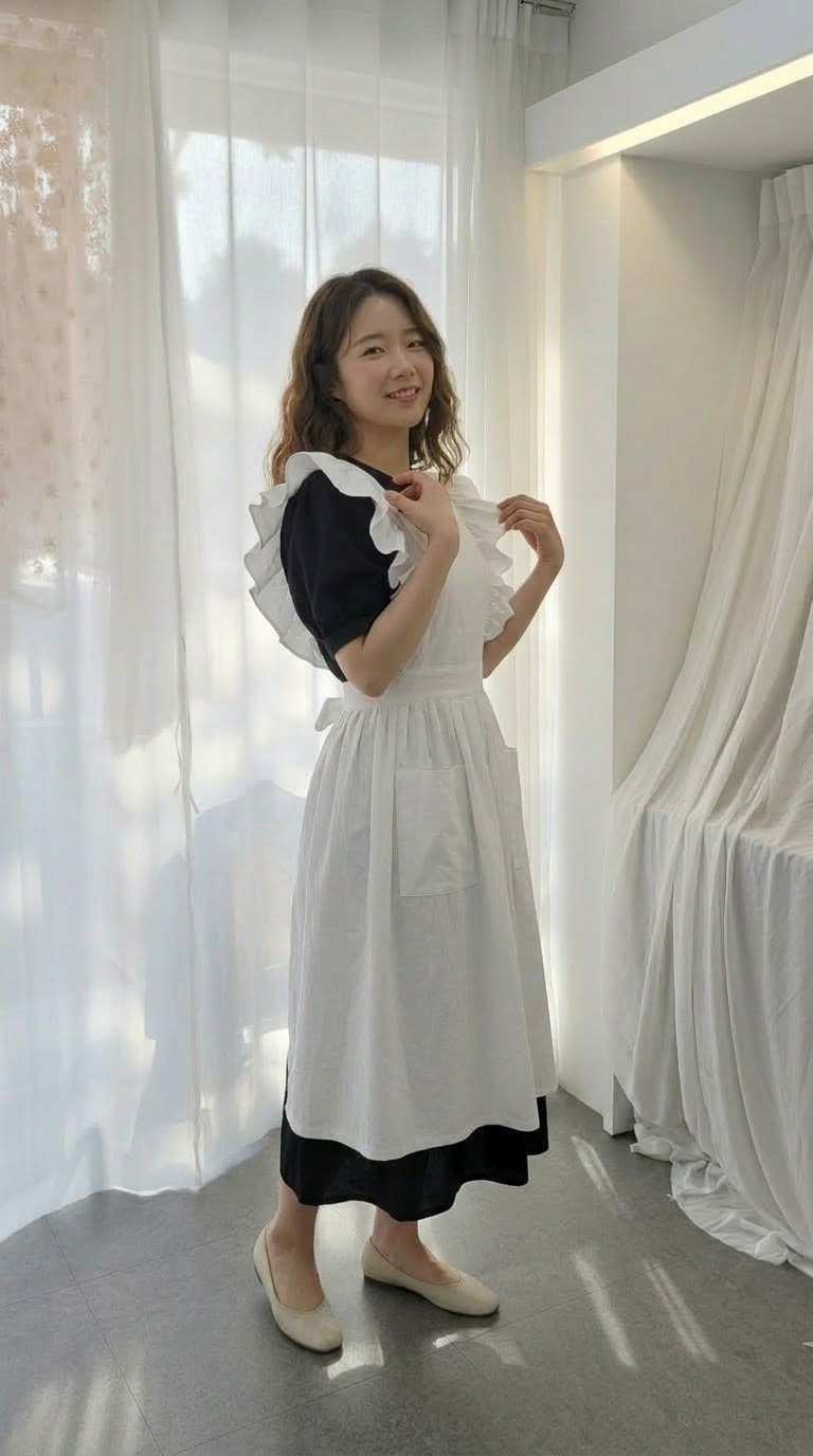 XS~3XL 오즈쏘잉 어깨프릴앞치마(화이트 블랙 베이지 올리브) 면 원단